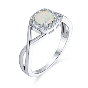 Delicate Dainty Pave CZ Halo Circle 1CT Square Princess Solitaire Created White Opal Engagement Ring With Infinity Band Gemstone Ring For Women .925 Sterling Silver October Birthstone