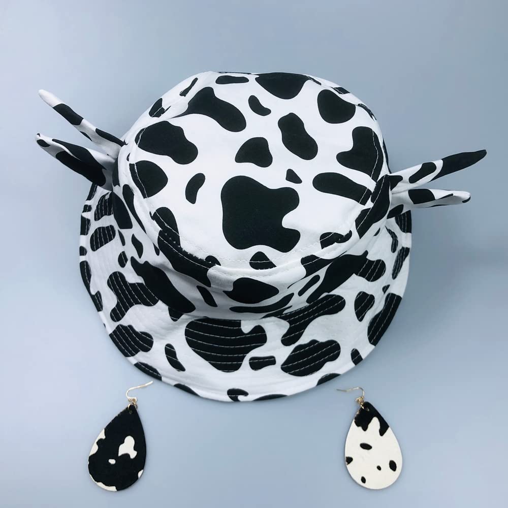 Cow Print Bucket Hat with Ears Horn Cute Animal Hats Cow Earrings for Women Black White