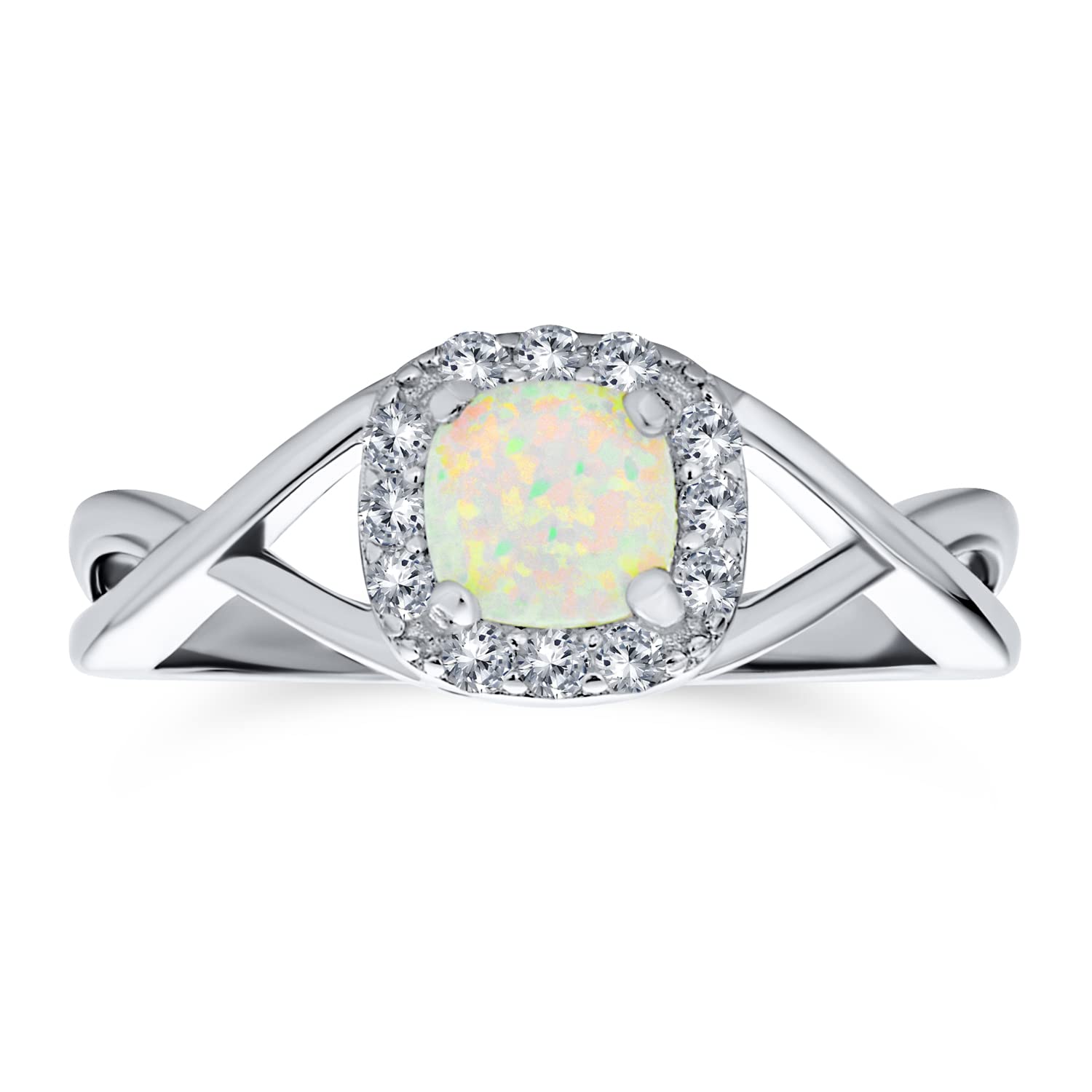 Delicate Dainty Pave CZ Halo Circle 1CT Square Princess Solitaire Created White Opal Engagement Ring With Infinity Band Gemstone Ring For Women .925 Sterling Silver October Birthstone