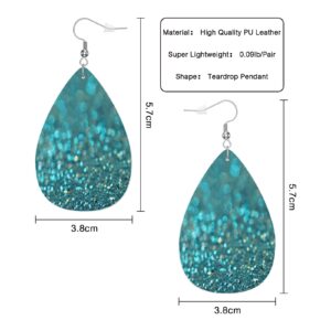 Vosach Teal Glitter Fashion Faux Leather Earrings Turquoise Shiny Fragments Wedding Teardrop Earrings Jewelry For Women Friends Bridal