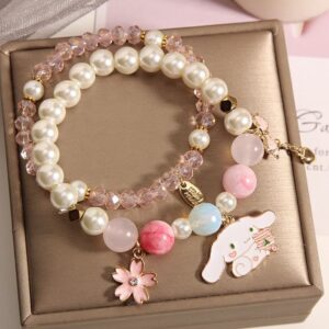 Cinnamoroll Crystal Beads Bracelet Set Cute Cartoon Elastic Beaded Pearl Anime Bracelets for Women Bff