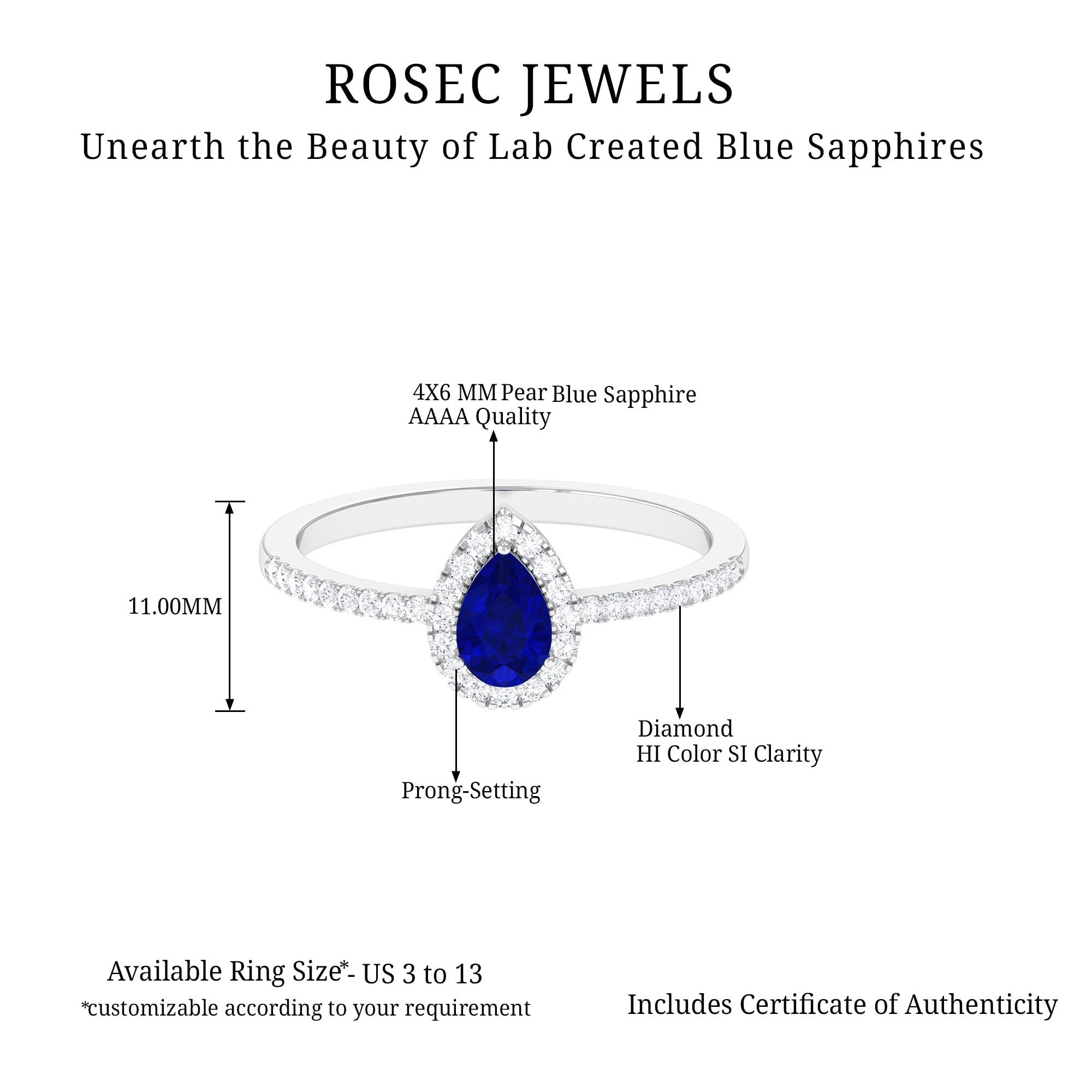 Rosec Jewels Lab Grown Blue Sapphire Diamond Halo Engagement Ring, AAAA Quality, Certified Sapphire Diamond Teardrop Ring- Ready To Gift, 14K White Gold, Size:US 5.00