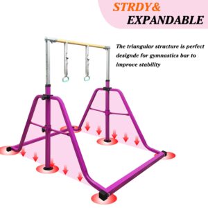 kechery Foldable & Moveable Gymnastics Horizontal Bar with Rings,3’to 5’Adjustable Height Expandable Junior Kip Bar for Home,Indoor Gym Equipment for Kids (Foldable Purple with Rings)