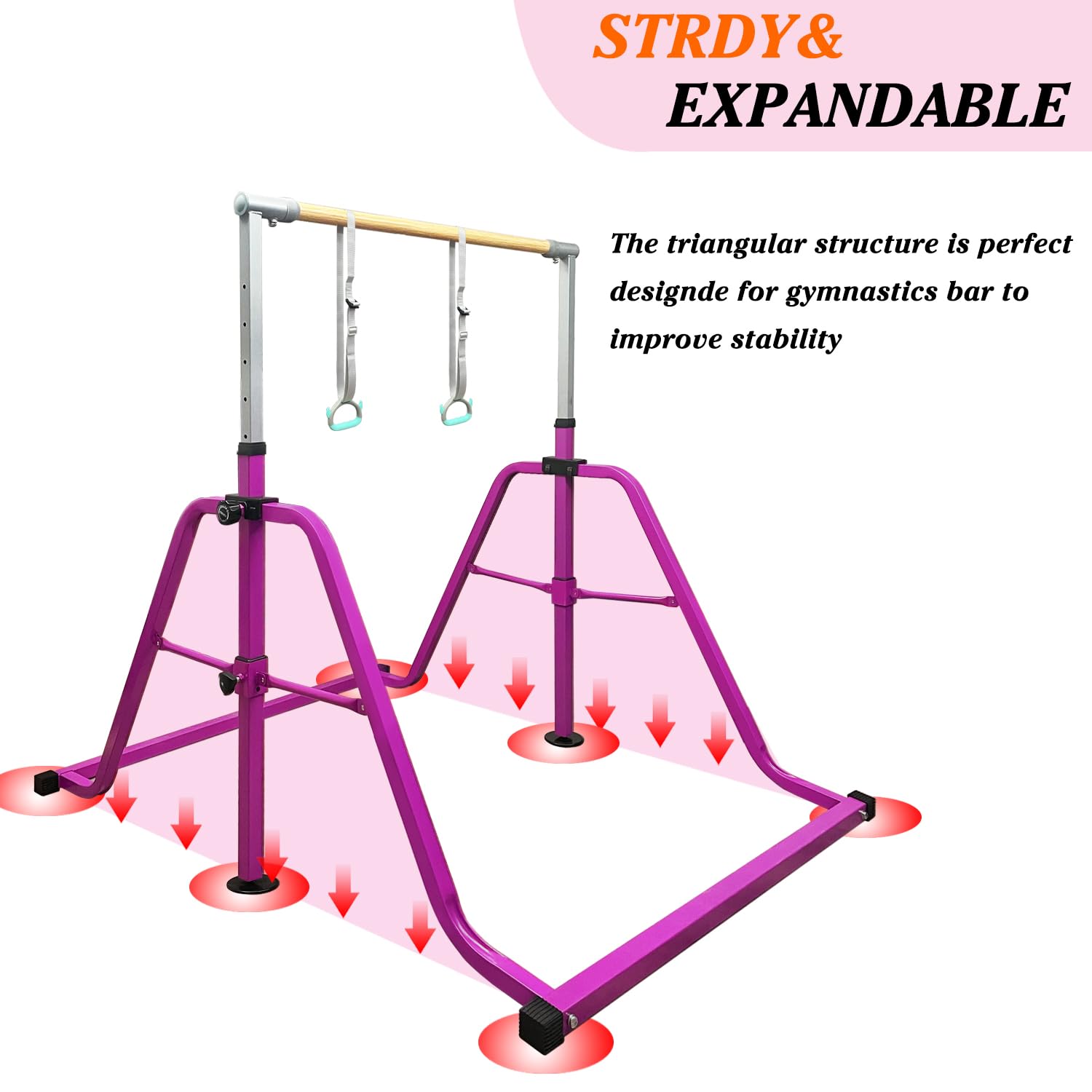 kechery Foldable & Moveable Gymnastics Horizontal Bar with Rings,3’to 5’Adjustable Height Expandable Junior Kip Bar for Home,Indoor Gym Equipment for Kids (Foldable Purple with Rings)