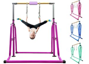 kechery foldable & moveable gymnastics horizontal bar with rings,3’to 5’adjustable height expandable junior kip bar for home,indoor gym equipment for kids (foldable purple with rings)