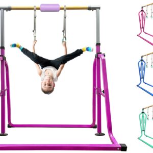 kechery Foldable & Moveable Gymnastics Horizontal Bar with Rings,3’to 5’Adjustable Height Expandable Junior Kip Bar for Home,Indoor Gym Equipment for Kids (Foldable Purple with Rings)