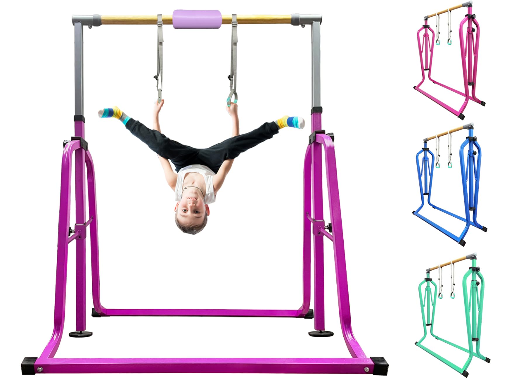 kechery Foldable & Moveable Gymnastics Horizontal Bar with Rings,3’to 5’Adjustable Height Expandable Junior Kip Bar for Home,Indoor Gym Equipment for Kids (Foldable Purple with Rings)