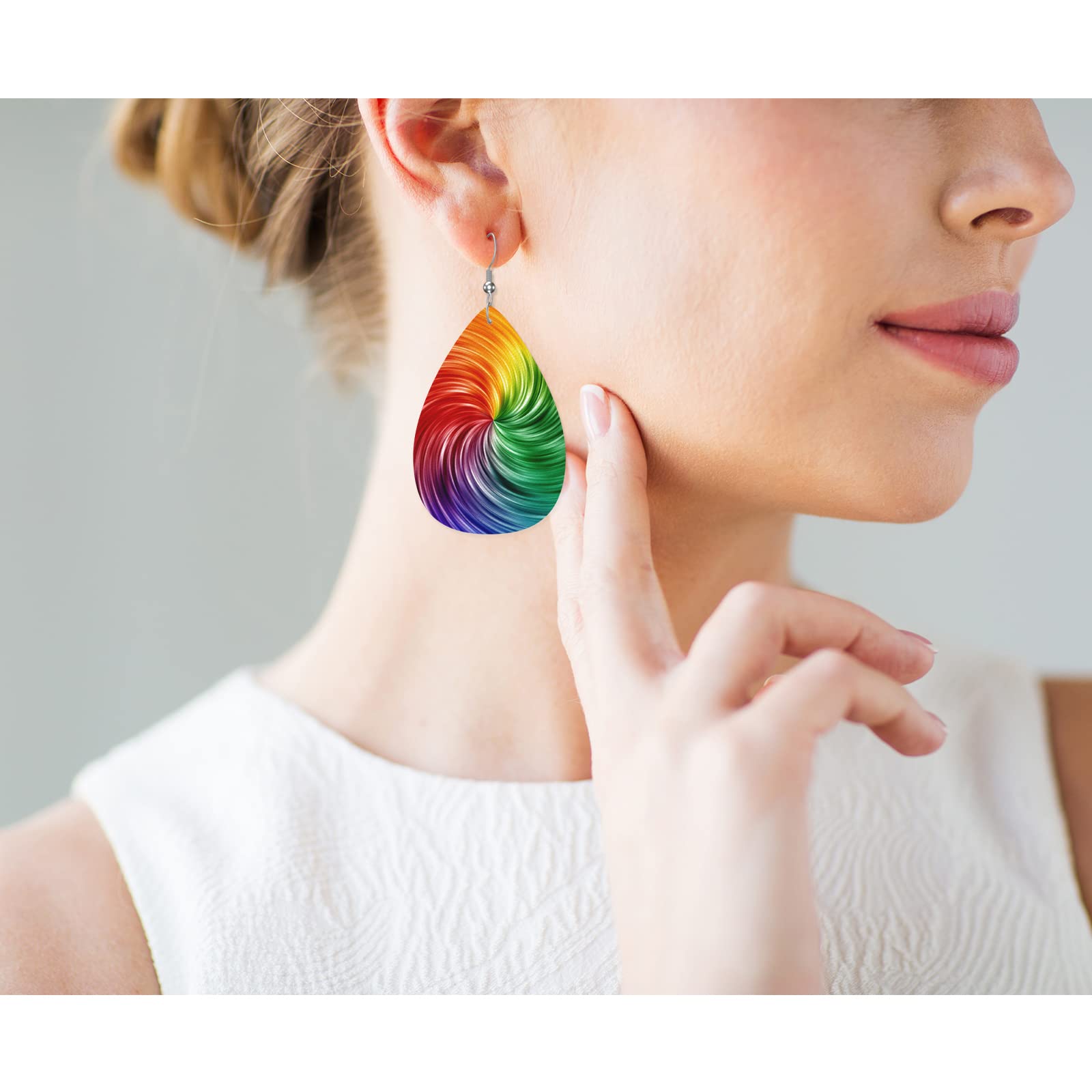 Vosach Earrings For Women Rainbow Vortex, Colorful Rainbow Geometric Stripes Lines Swirl Fashion Leather Teardrop Earrings Lightweight Earrings For Women Friends Bridal