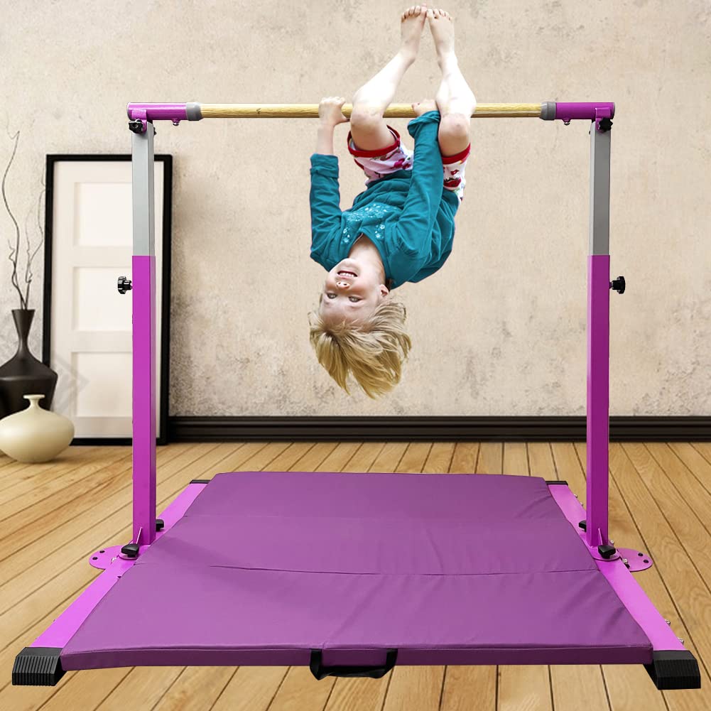 GBVUGY Gymnastics Kip Bar with Mat for Home Indoor Training,Horizontal Bar for Kids Girls Junior,Adjustable Arms from 3' - 5' Gym Equipment,1-4 Levels,300lbs Weight Capacity