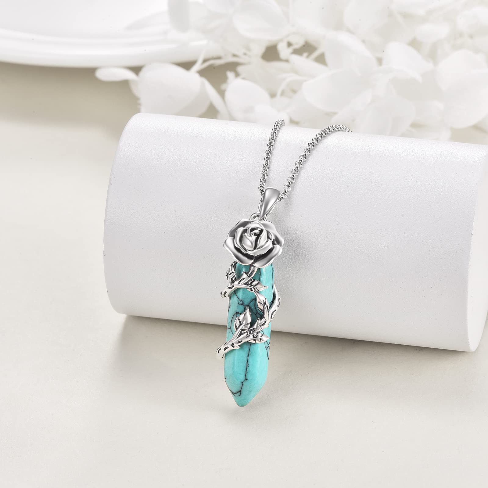 CRMAD Turquoise Necklace for Women Sterling Silver Quartz Healing Stone Crystal Pendant Mothers Day Jewelry Gifts