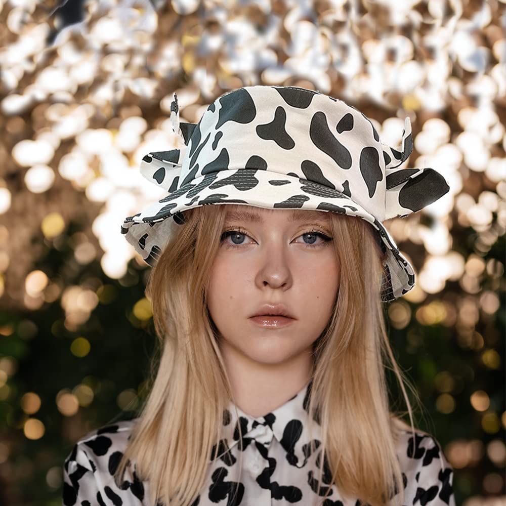 Cow Print Bucket Hat with Ears Horn Cute Animal Hats Cow Earrings for Women Black White