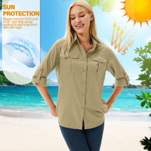 Women's UPF 50 Long Sleeve UV Sun Protection Safari Shirts Outdoor Quick Dry Fishing Travel Hiking Shirts #5070-Khaki-M