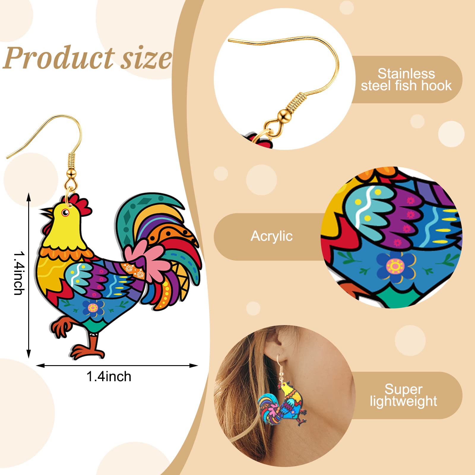 8 Pairs Acrylic Hen Chicken Earrings Lovely Gift for Girl Women Funny Animal Rooster Drop Dangle Earrings Cute Farm Chicken Jewelry for Ladies