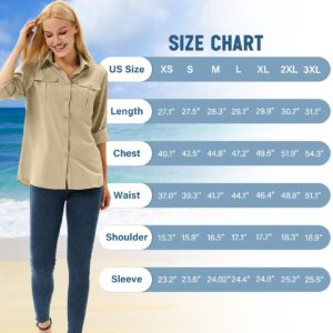 Women's UPF 50 Long Sleeve UV Sun Protection Safari Shirts Outdoor Quick Dry Fishing Travel Hiking Shirts #5070-Khaki-M