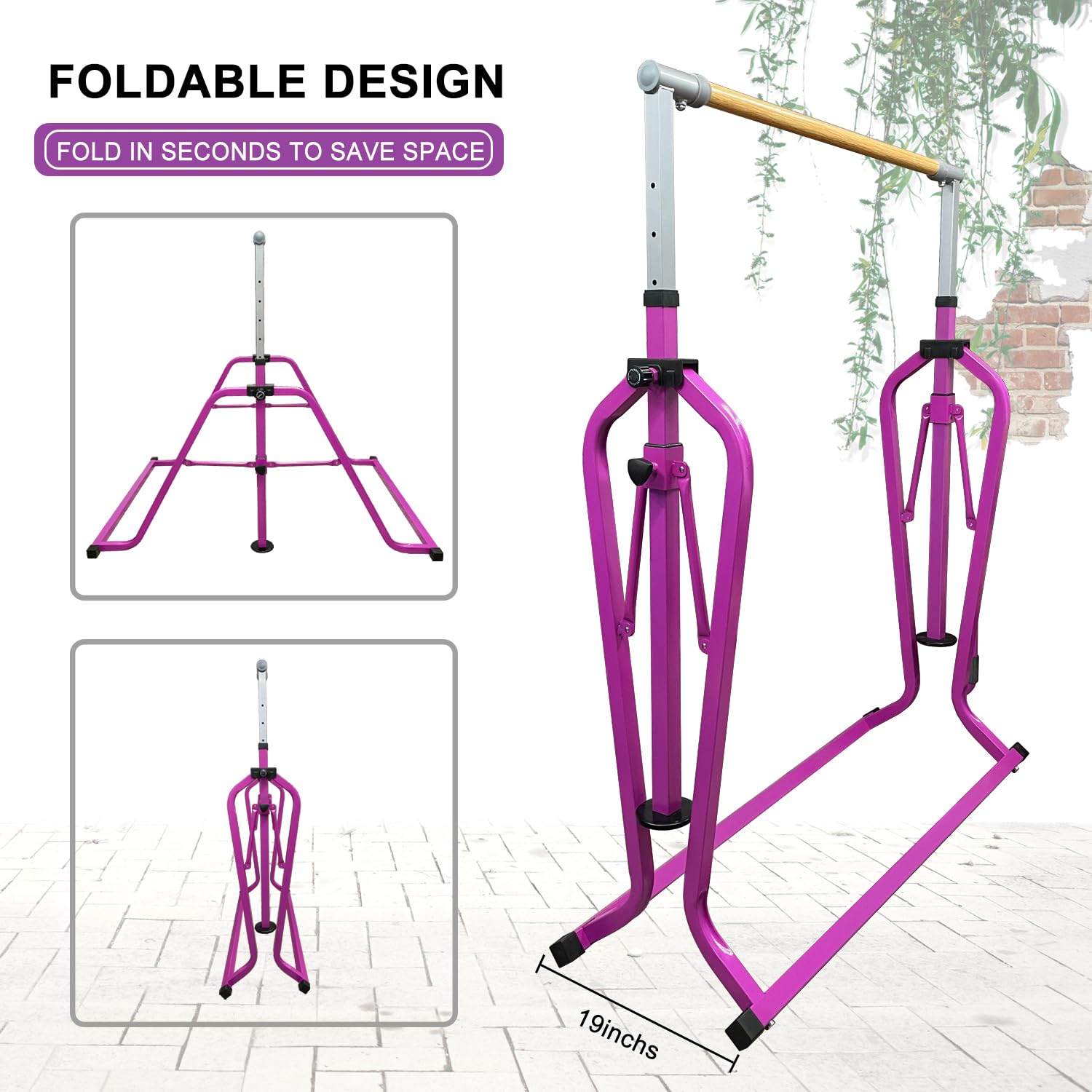 kechery Foldable & Moveable Gymnastics Horizontal Bar with Rings,3’to 5’Adjustable Height Expandable Junior Kip Bar for Home,Indoor Gym Equipment for Kids (Foldable Purple with Rings)