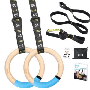 GHB Gymnastic Rings Wooden Gym Rings 1.25" Olympic Rings Adjustable Numbered Straps Pull Up Rings Sets for Workout Bodyweight Fitness Training