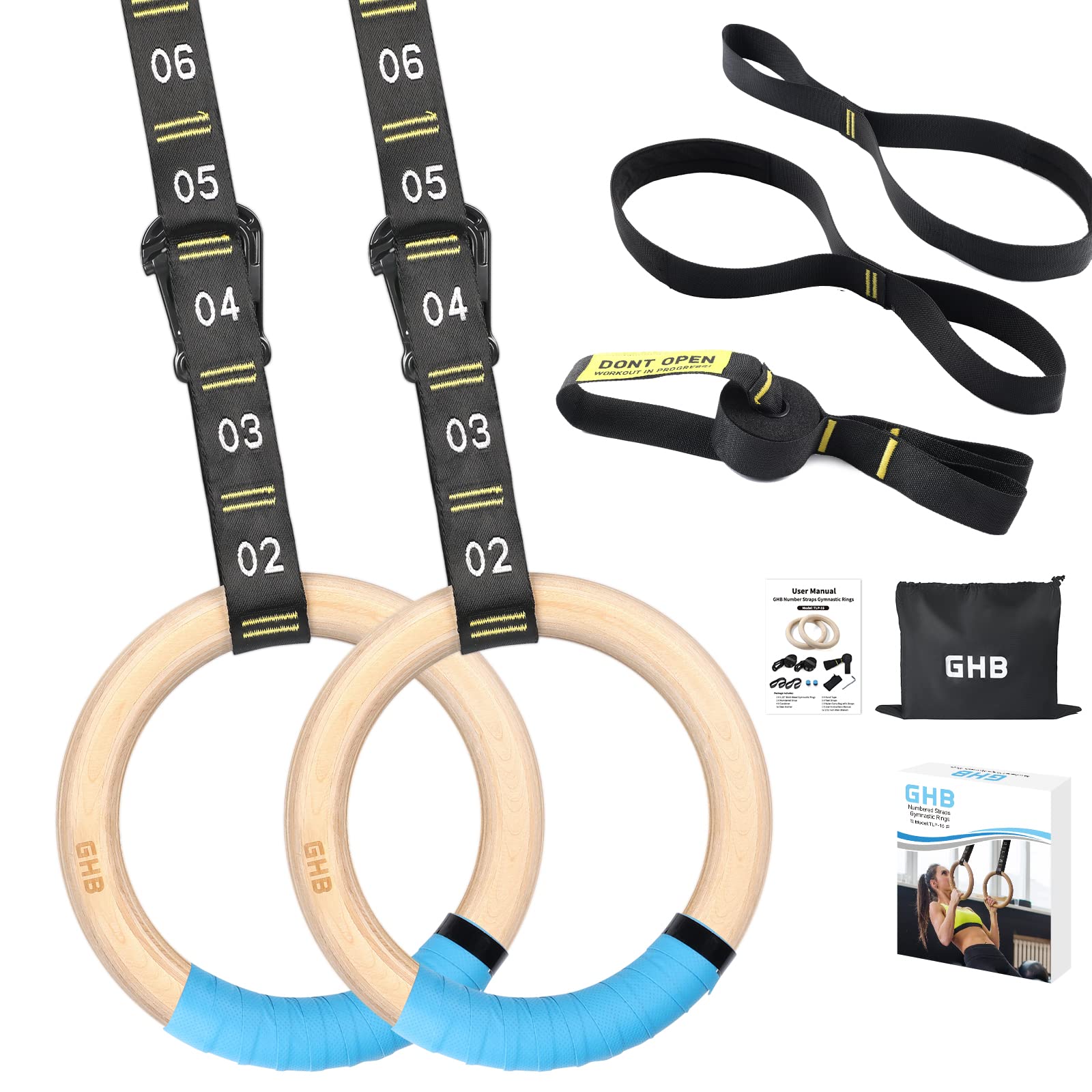 GHB Gymnastic Rings Wooden Gym Rings 1.25" Olympic Rings Adjustable Numbered Straps Pull Up Rings Sets for Workout Bodyweight Fitness Training