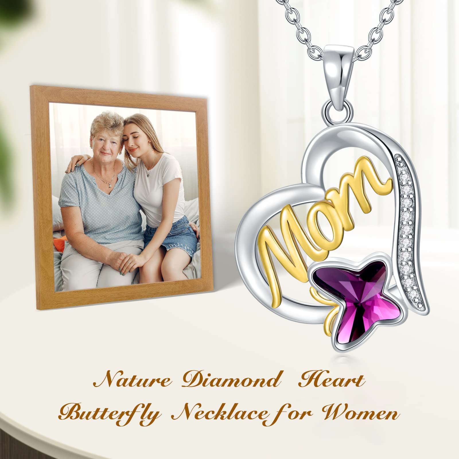 Natural Diamond Mom Heart Necklace for Women,925 Sterling Silver Butterfly Crystal Pendant Necklaces Birthday Gifts for Mom Wife 18"-20’’