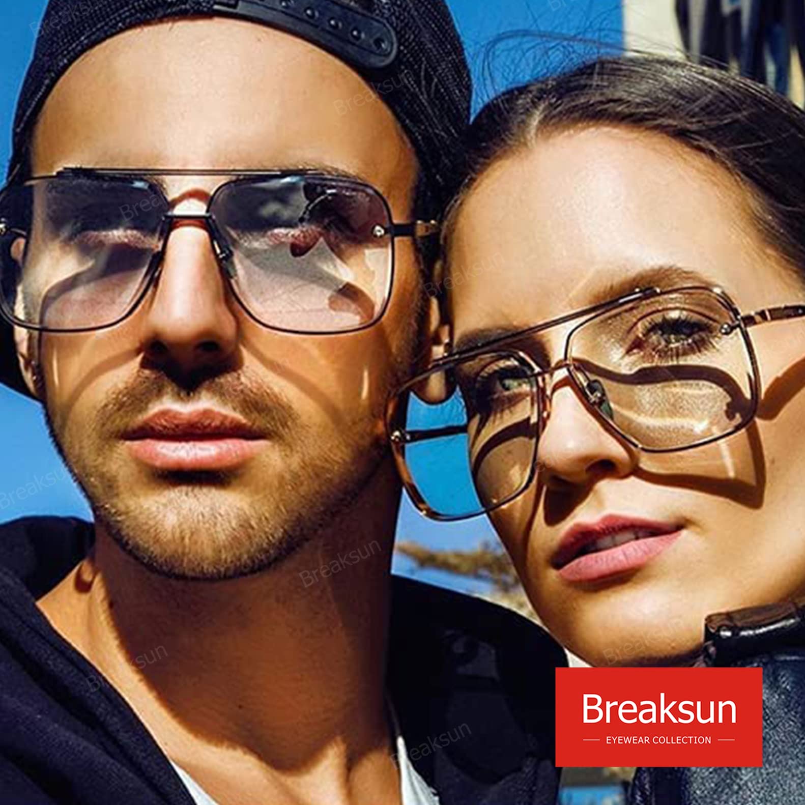 Breaksun Aviator Sunglasses - Vintage Diamond Cutting, Gradient Lens - Gold Frame, Clear Lens