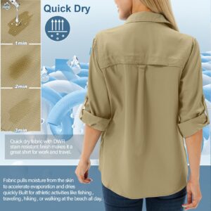 Women's UPF 50 Long Sleeve UV Sun Protection Safari Shirts Outdoor Quick Dry Fishing Travel Hiking Shirts #5070-Khaki-M