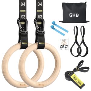 ghb gymnastic rings wooden gym rings 1.25" olympic rings adjustable numbered straps pull up rings sets for workout bodyweight fitness training