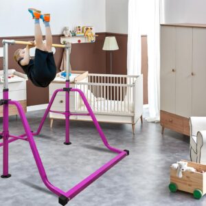 kechery Foldable & Moveable Gymnastics Horizontal Bar with Rings,3’to 5’Adjustable Height Expandable Junior Kip Bar for Home,Indoor Gym Equipment for Kids (Foldable Purple with Rings)