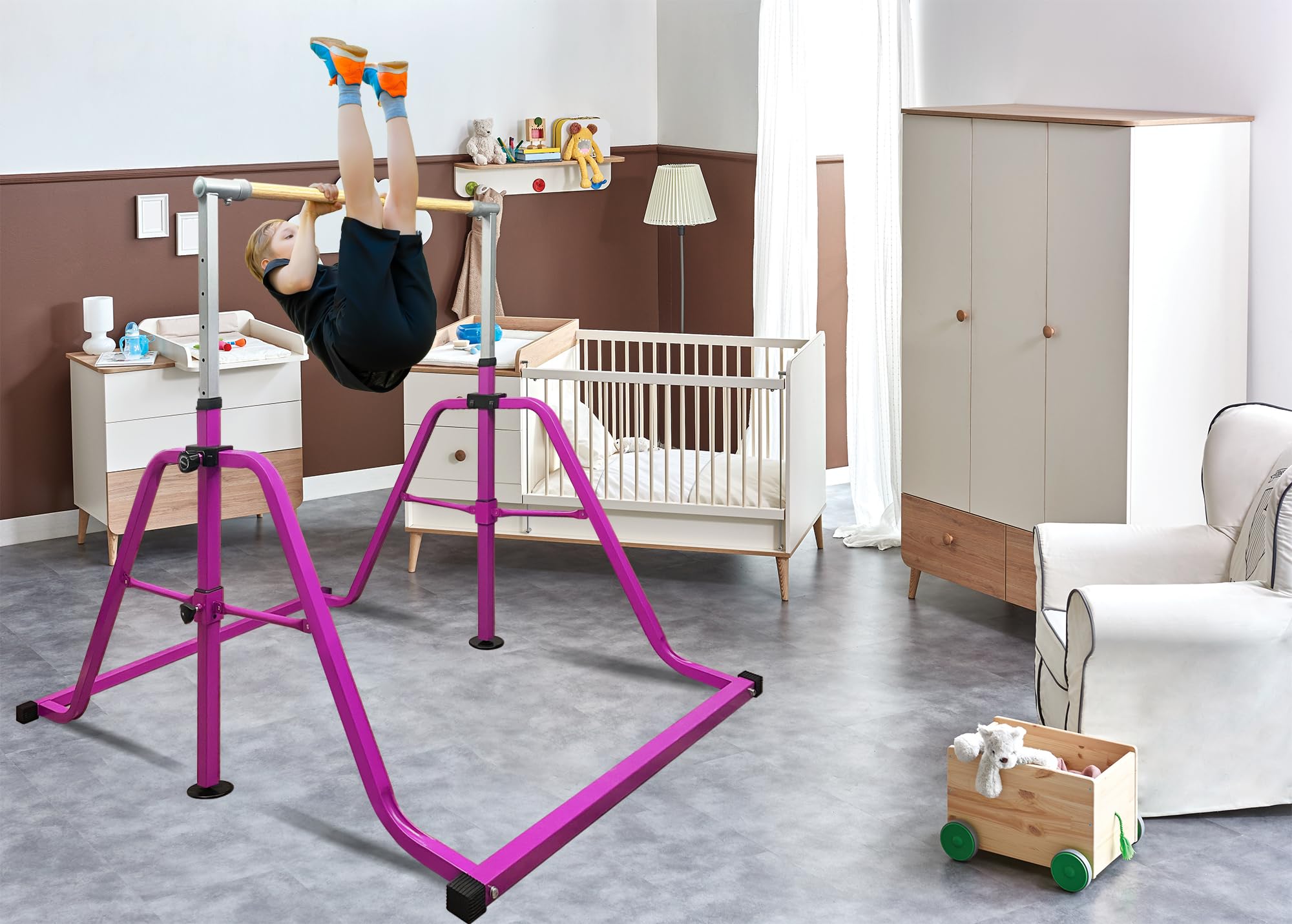 kechery Foldable & Moveable Gymnastics Horizontal Bar with Rings,3’to 5’Adjustable Height Expandable Junior Kip Bar for Home,Indoor Gym Equipment for Kids (Foldable Purple with Rings)