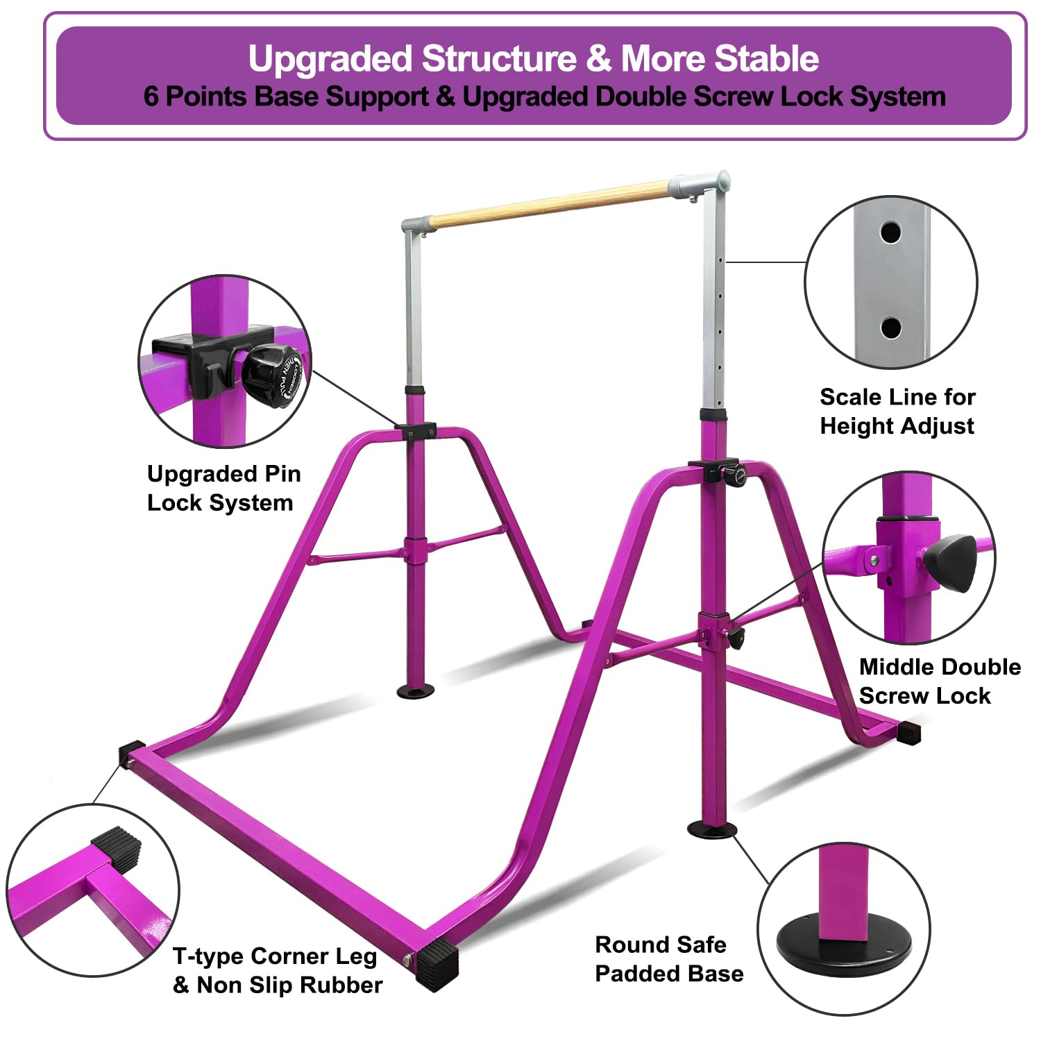 kechery Foldable & Moveable Gymnastics Horizontal Bar with Rings,3’to 5’Adjustable Height Expandable Junior Kip Bar for Home,Indoor Gym Equipment for Kids (Foldable Purple with Rings)