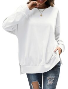 florboom round neck solid loose fit sweatshirt long sleeve tops for work, white l