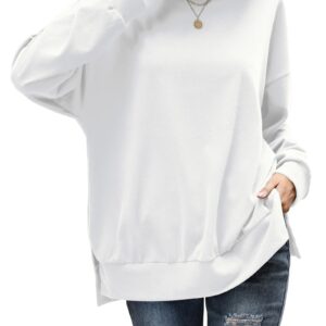 Florboom Round Neck Solid Loose Fit Sweatshirt Long Sleeve Tops for Work, White L