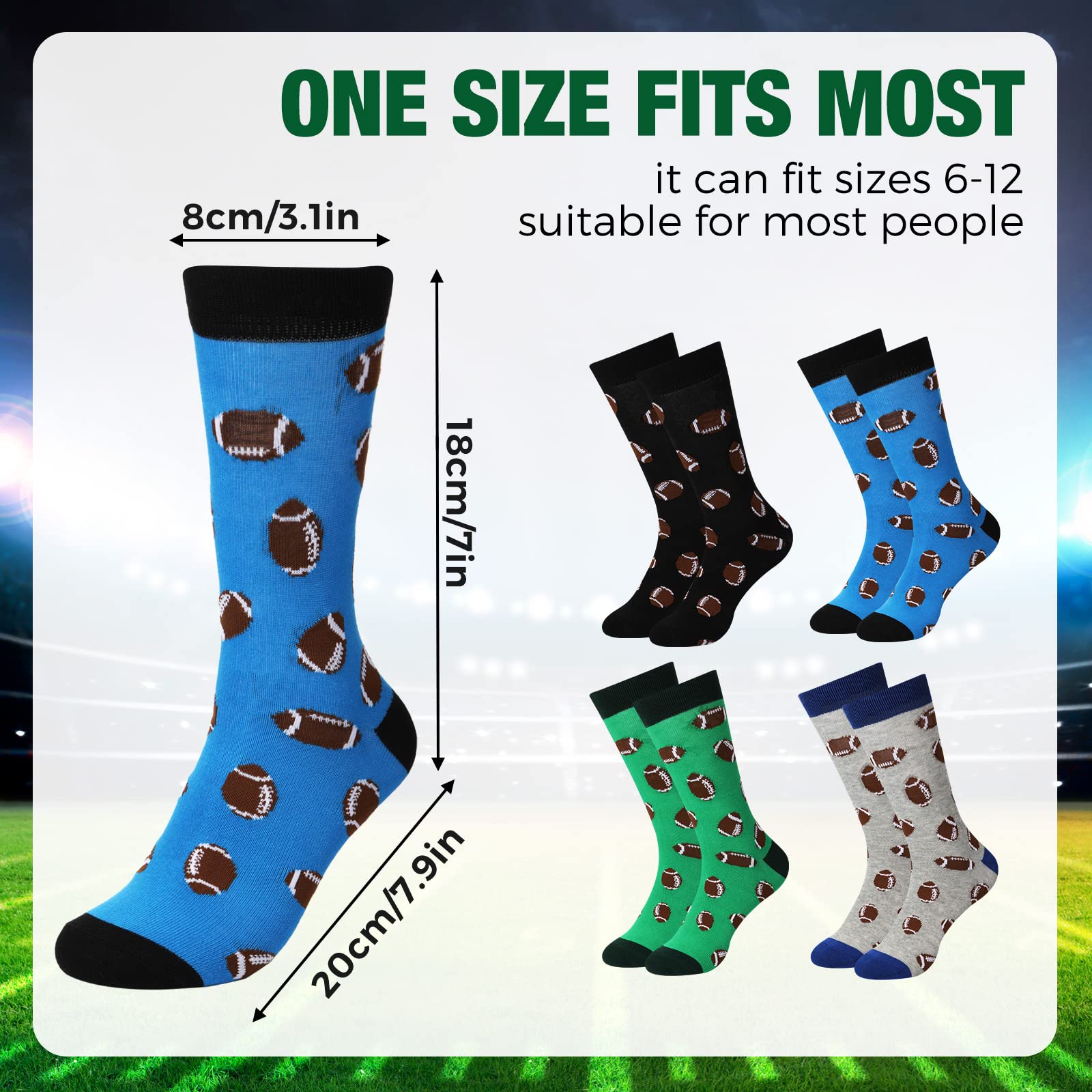 Zhanmai 4 Pairs Funny Basketball Volleyball Football Softball Soccer Socks Novelty Sports Casual Crew Socks Funky Gifts for Men Women (Football Style)