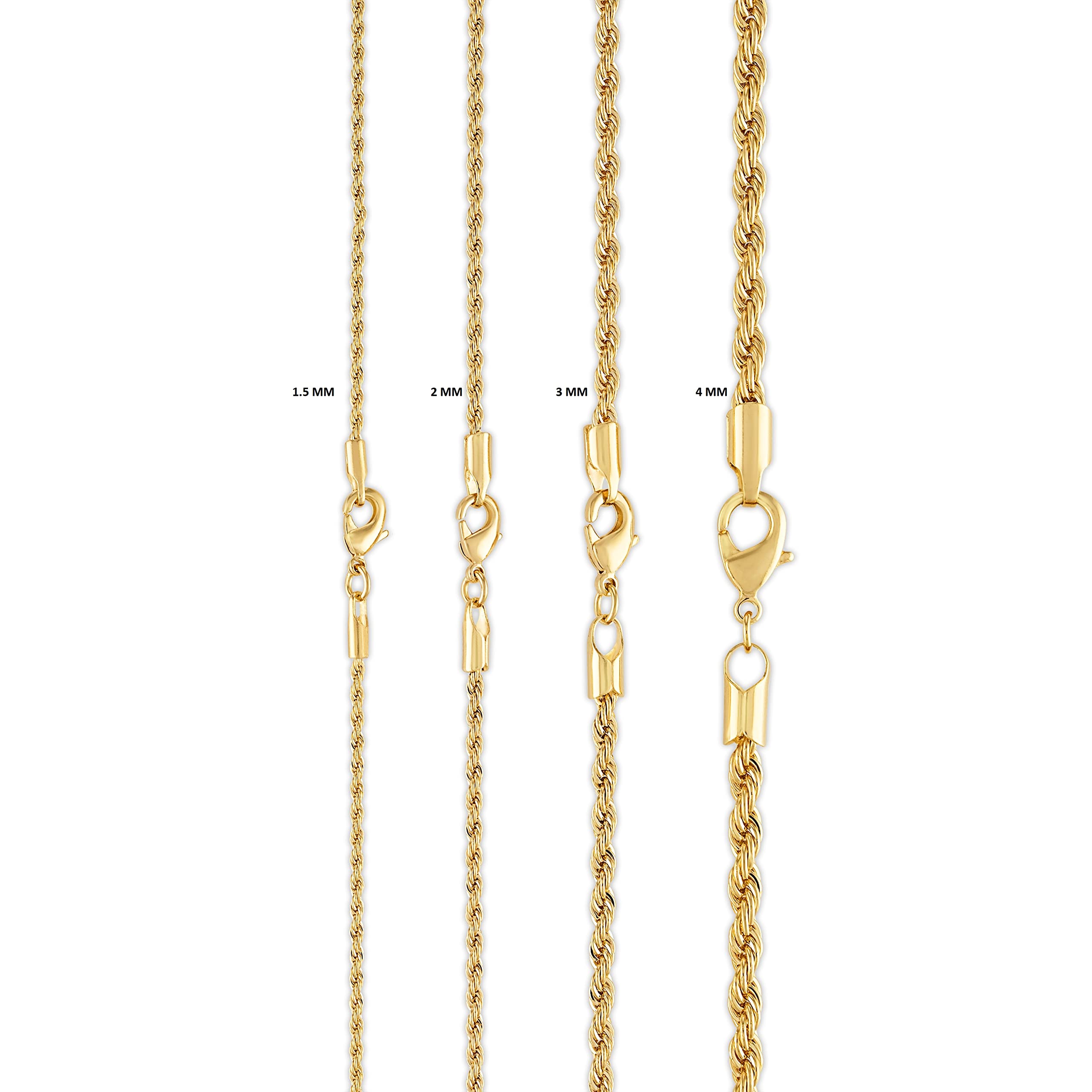 Barzel 18K Gold Plated Rope Chain Necklace - Made In Brazil (2 Milimeter, 22 Inches)