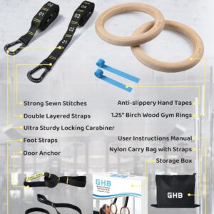 GHB Gymnastic Rings Wooden Gym Rings 1.25" Olympic Rings Adjustable Numbered Straps Pull Up Rings Sets for Workout Bodyweight Fitness Training