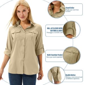 Women's UPF 50 Long Sleeve UV Sun Protection Safari Shirts Outdoor Quick Dry Fishing Travel Hiking Shirts #5070-Khaki-M