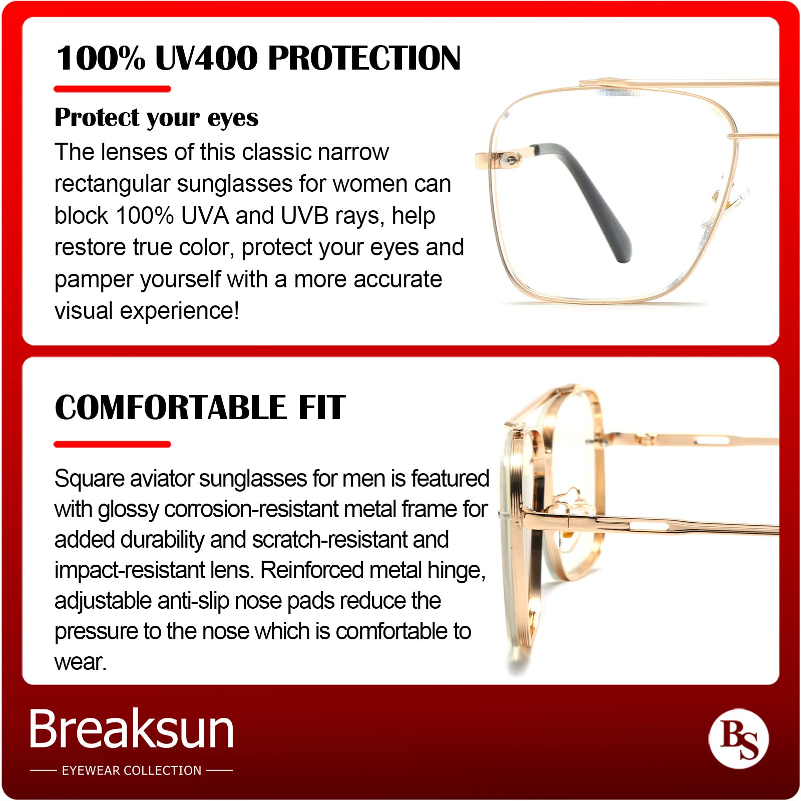 Breaksun Aviator Sunglasses - Vintage Diamond Cutting, Gradient Lens - Gold Frame, Clear Lens