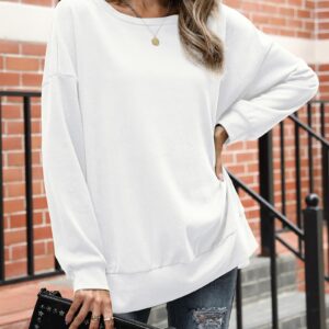 Florboom Round Neck Solid Loose Fit Sweatshirt Long Sleeve Tops for Work, White L