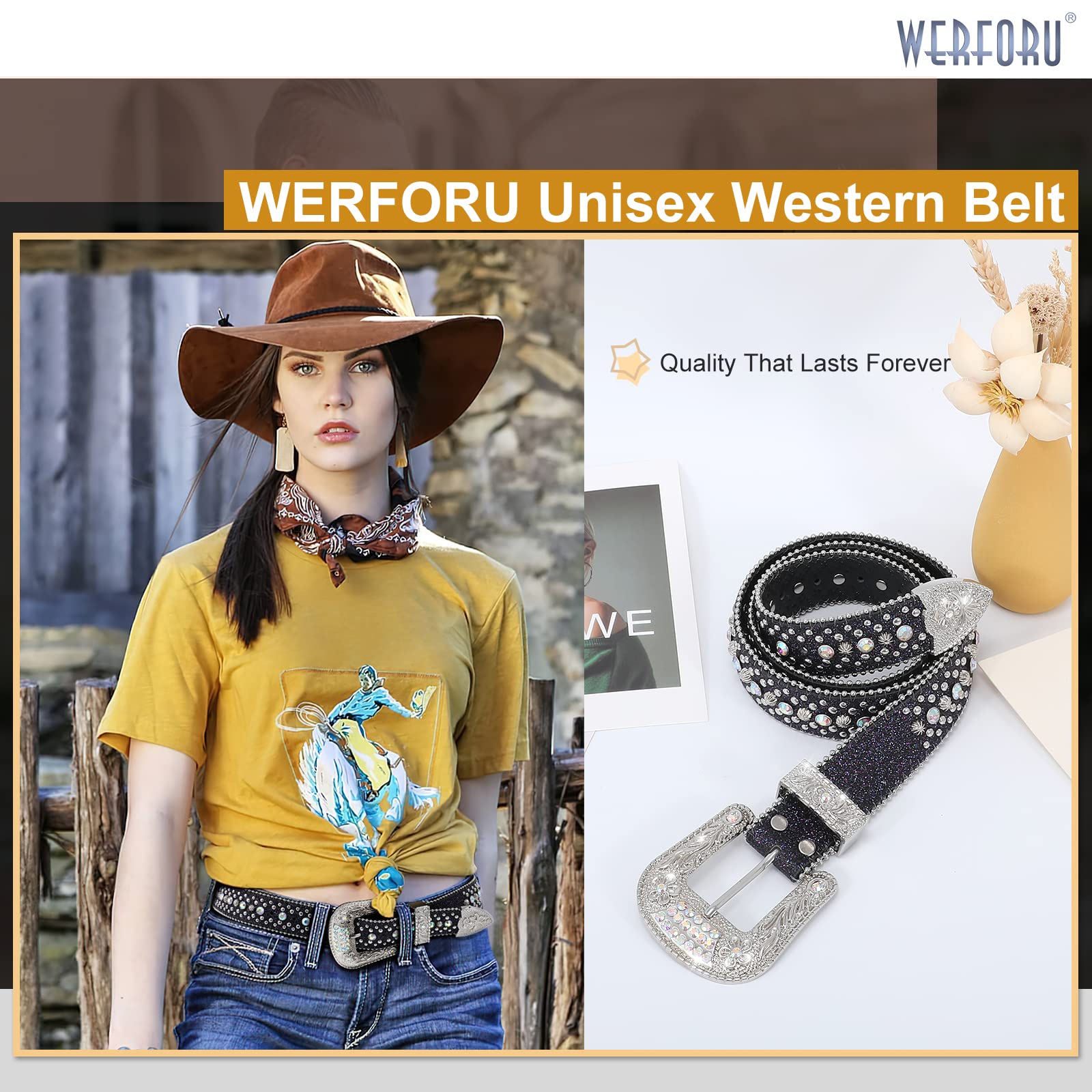 WERFORU Women Men Rhinestone Studded Western Leather Belt Ladies Vintage Bling Cowgirl Cowboy Waist Belt for Jeans Dress