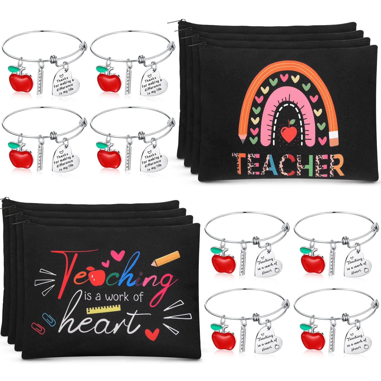 Highergo 16 Pcs Teacher Appreciation Gift Set for Women, 8 Teacher Makeup Pouch Cosmetic Bags and 8 Teacher Bangle Bracelets, Graduation End of Year Thank You Gifts for Teacher (Rule Style)