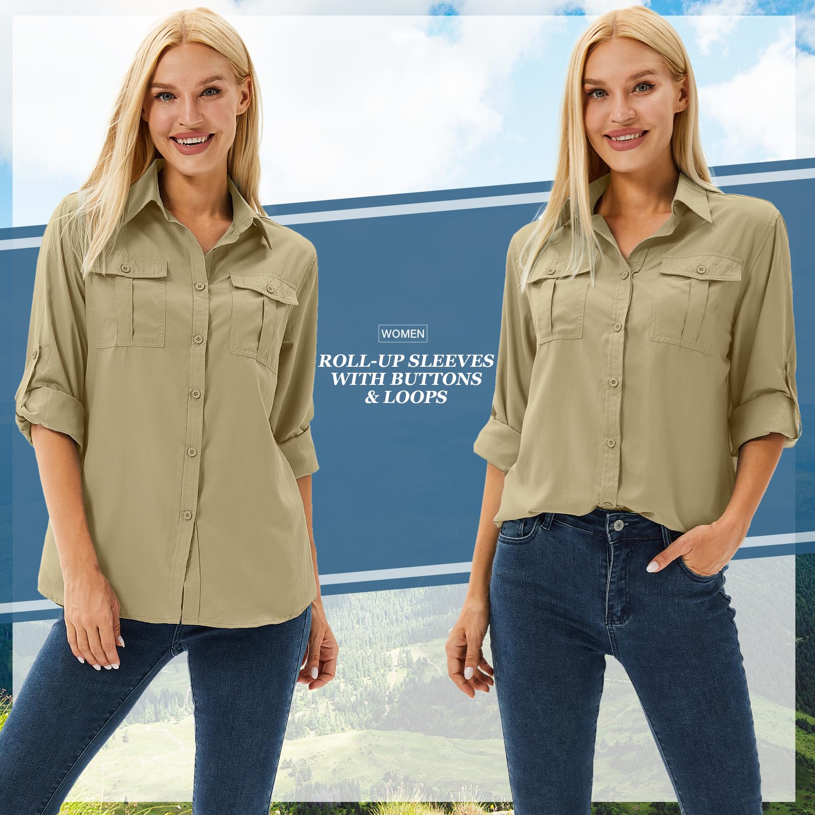 Women's UPF 50 Long Sleeve UV Sun Protection Safari Shirts Outdoor Quick Dry Fishing Travel Hiking Shirts #5070-Khaki-M