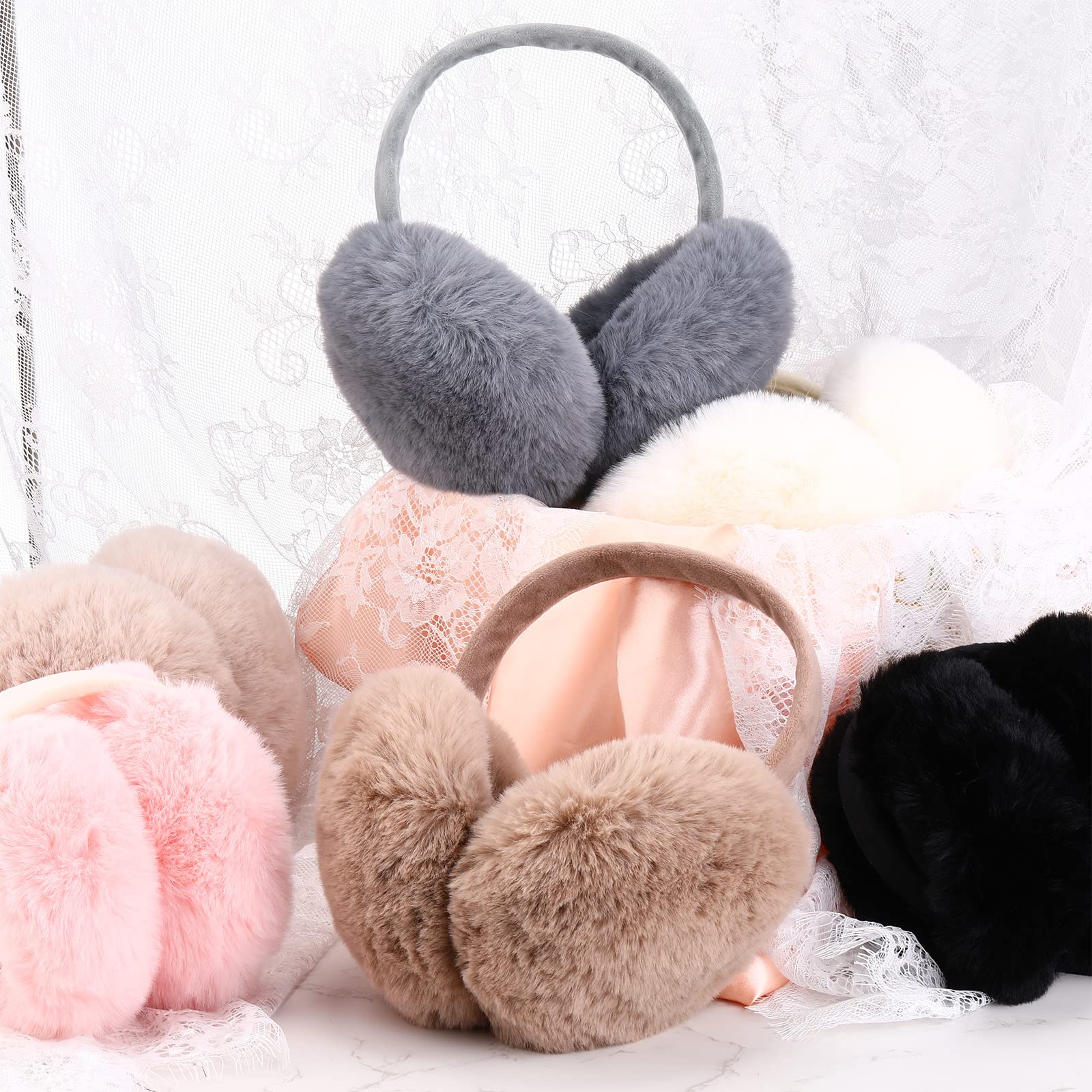 Yahenda 6 Pcs Winter Ear muffs Fluffy Faux Fur Warm Earmuffs Fuzzy Foldable Women's Earmuffs Cute Adjustable Outdoor Ear Warmers Women Girls Winter Earmuffs, 6 Colors