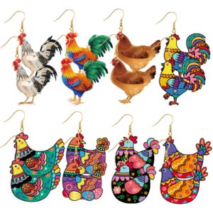 8 Pairs Acrylic Hen Chicken Earrings Lovely Gift for Girl Women Funny Animal Rooster Drop Dangle Earrings Cute Farm Chicken Jewelry for Ladies