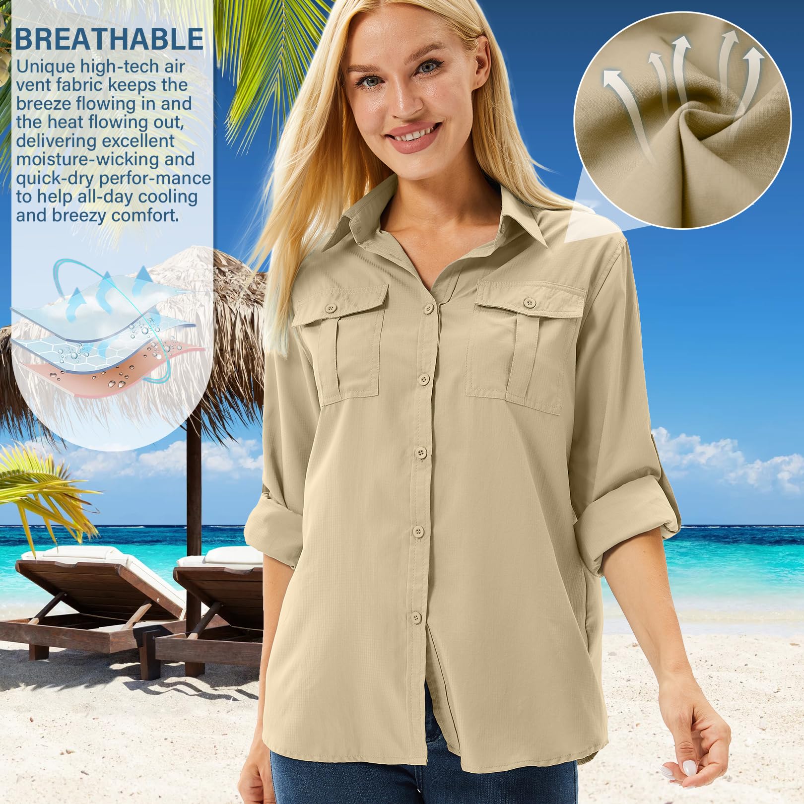 Women's UPF 50 Long Sleeve UV Sun Protection Safari Shirts Outdoor Quick Dry Fishing Travel Hiking Shirts #5070-Khaki-M