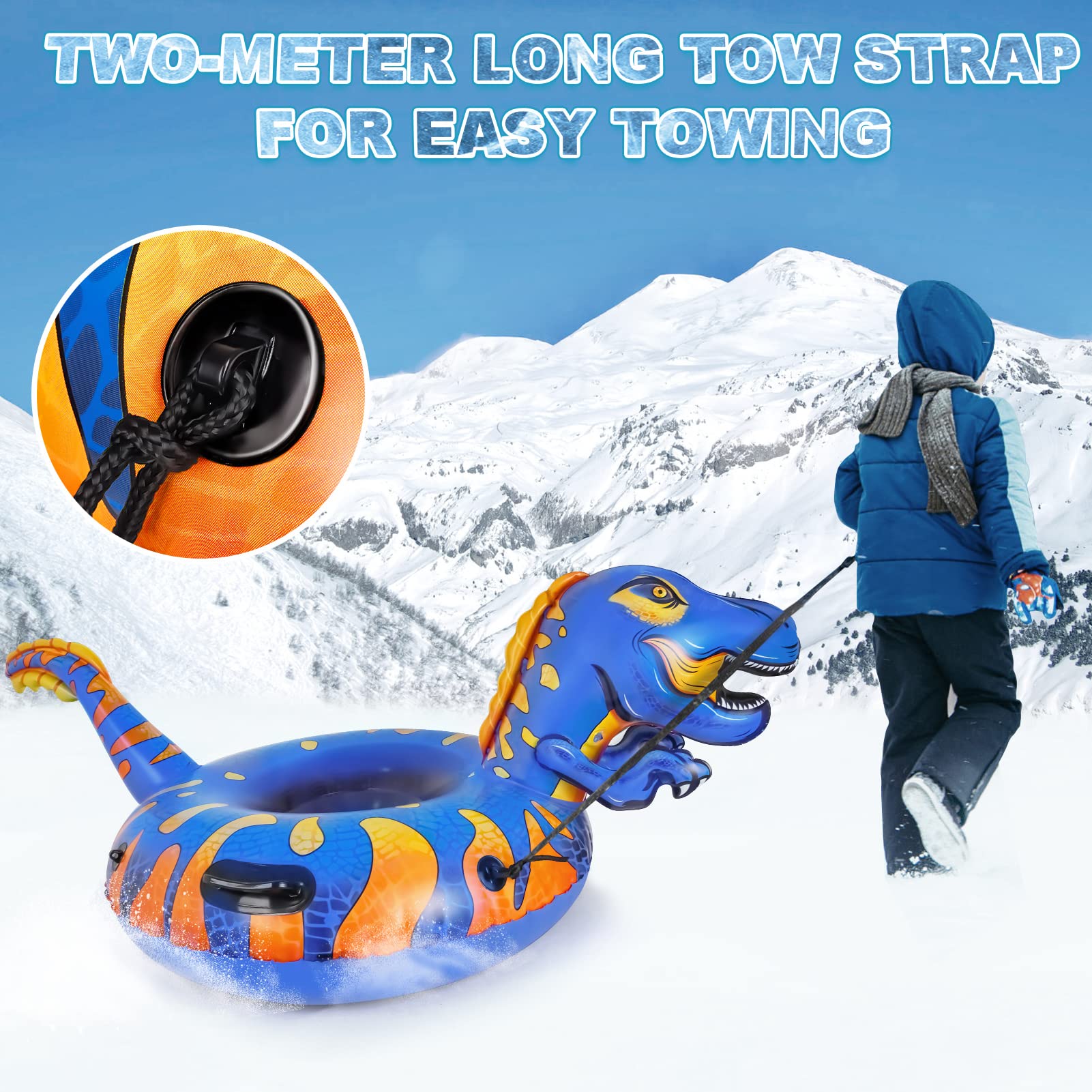 Aoskie Dinosaur Snow Tube Inflatable Snow Sled with Handles, Heavy Duty Snow Tube for Outdoor Sledding, Winter Snow Tube for Kids and Adults, Make of Double-Layers Bottom