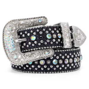 WERFORU Women Men Rhinestone Studded Western Leather Belt Ladies Vintage Bling Cowgirl Cowboy Waist Belt for Jeans Dress