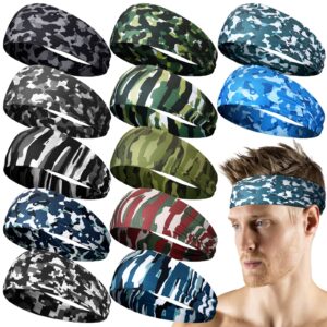 newcotte 12 pcs headbands for men sport camo sweatbands nonslip stretchy hairband lightweight sweat absorbing colorful workout head bands for sport women running gym jogging