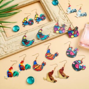 8 Pairs Acrylic Hen Chicken Earrings Lovely Gift for Girl Women Funny Animal Rooster Drop Dangle Earrings Cute Farm Chicken Jewelry for Ladies