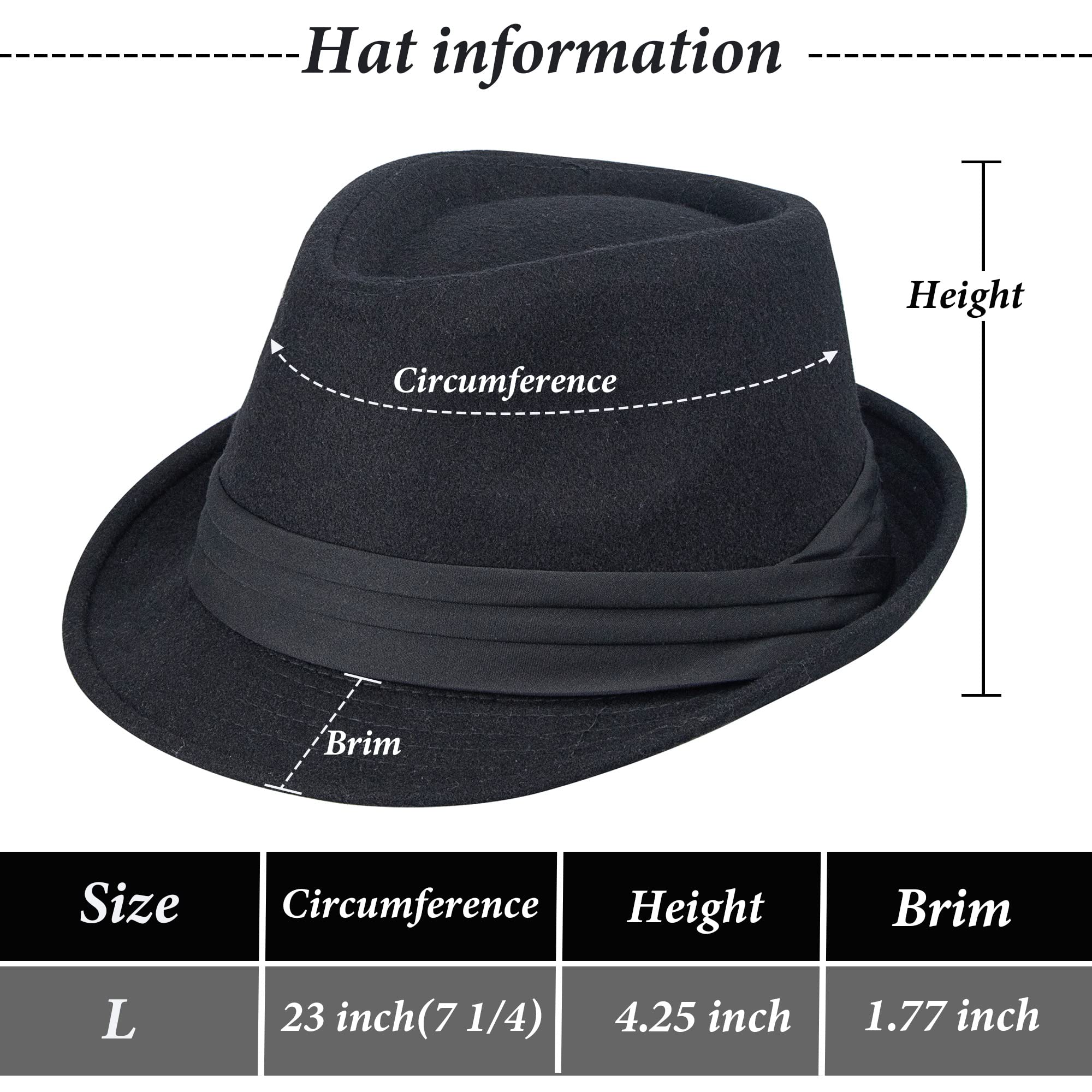 Womens Mens Classic Felt Trilby Hat Short Brim Fedora Hat Black Manhattan Gangster Jazz Hat for Unisex