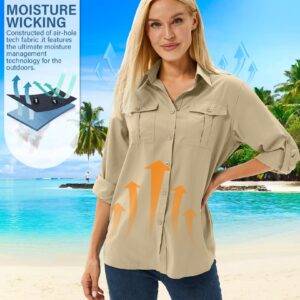 Women's UPF 50 Long Sleeve UV Sun Protection Safari Shirts Outdoor Quick Dry Fishing Travel Hiking Shirts #5070-Khaki-M