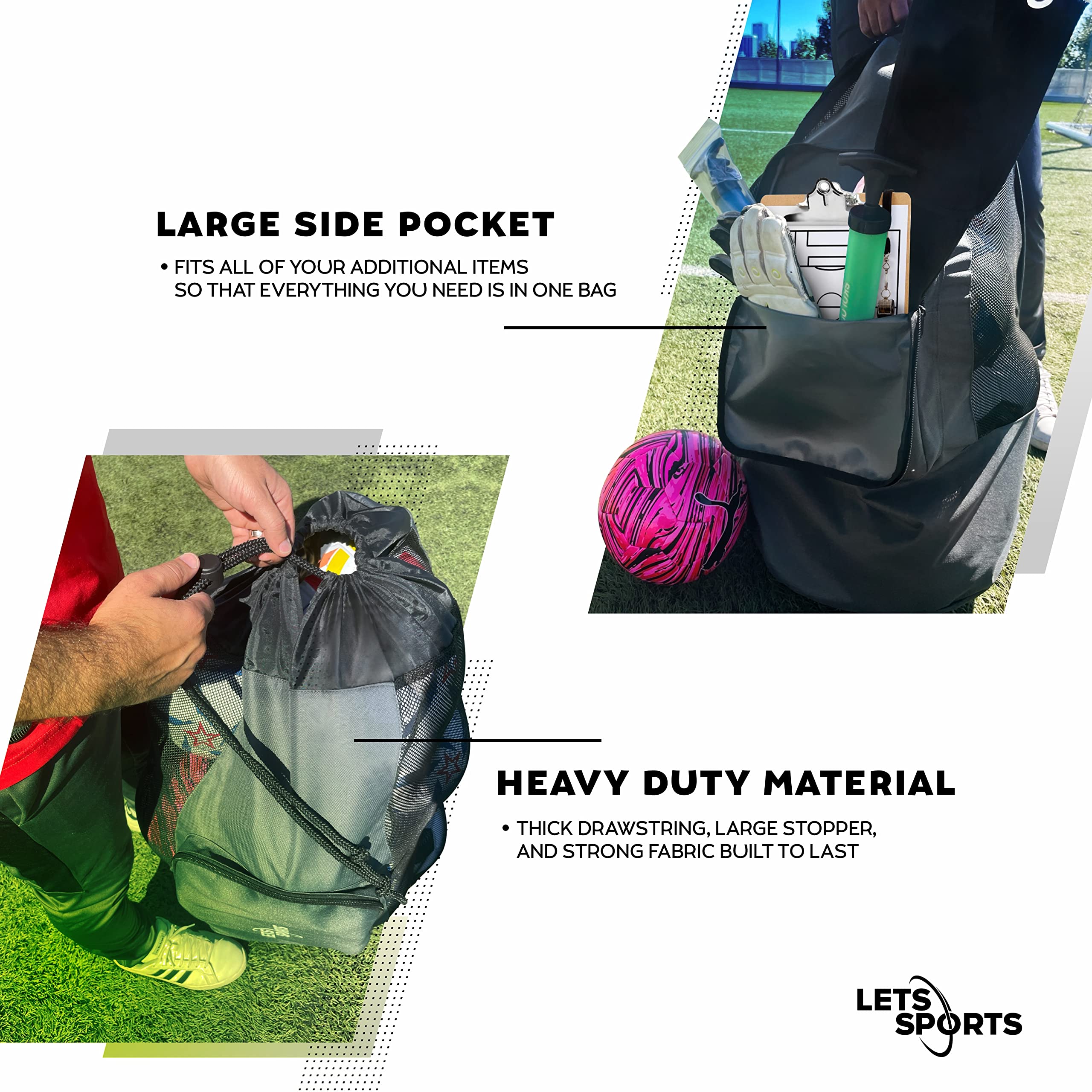 LETS Sports Soccer Ball Bag, Basketball Ball Bag for Coaches, Extra Large Mesh Drawstring Training Equipment Ball Storage Bag, Heavy Duty Football & Accessories Holding Bag