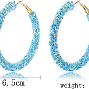 Bohemian Rhinestone Shiny Glitter Sequins Round Hoop Earrings Multicolor Wrapped Gold Plated Circle Beaded Dangle Drop Earrings for Women Statement Jewelry -pink